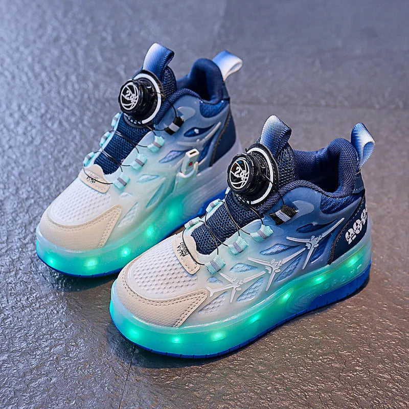 Blue children's roller skating shoes showing flash knob adjustment system and PVC sole
