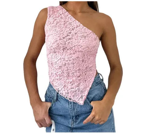 Women's sleeveless lace backless vest top with asymmetrical neckline in slim fit streetwear design
