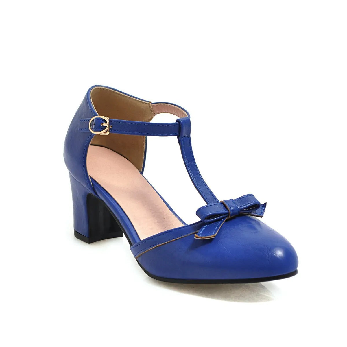 Women's solid colour sandals with chunky heel, hollow out pattern, and a bow tie on the strap.