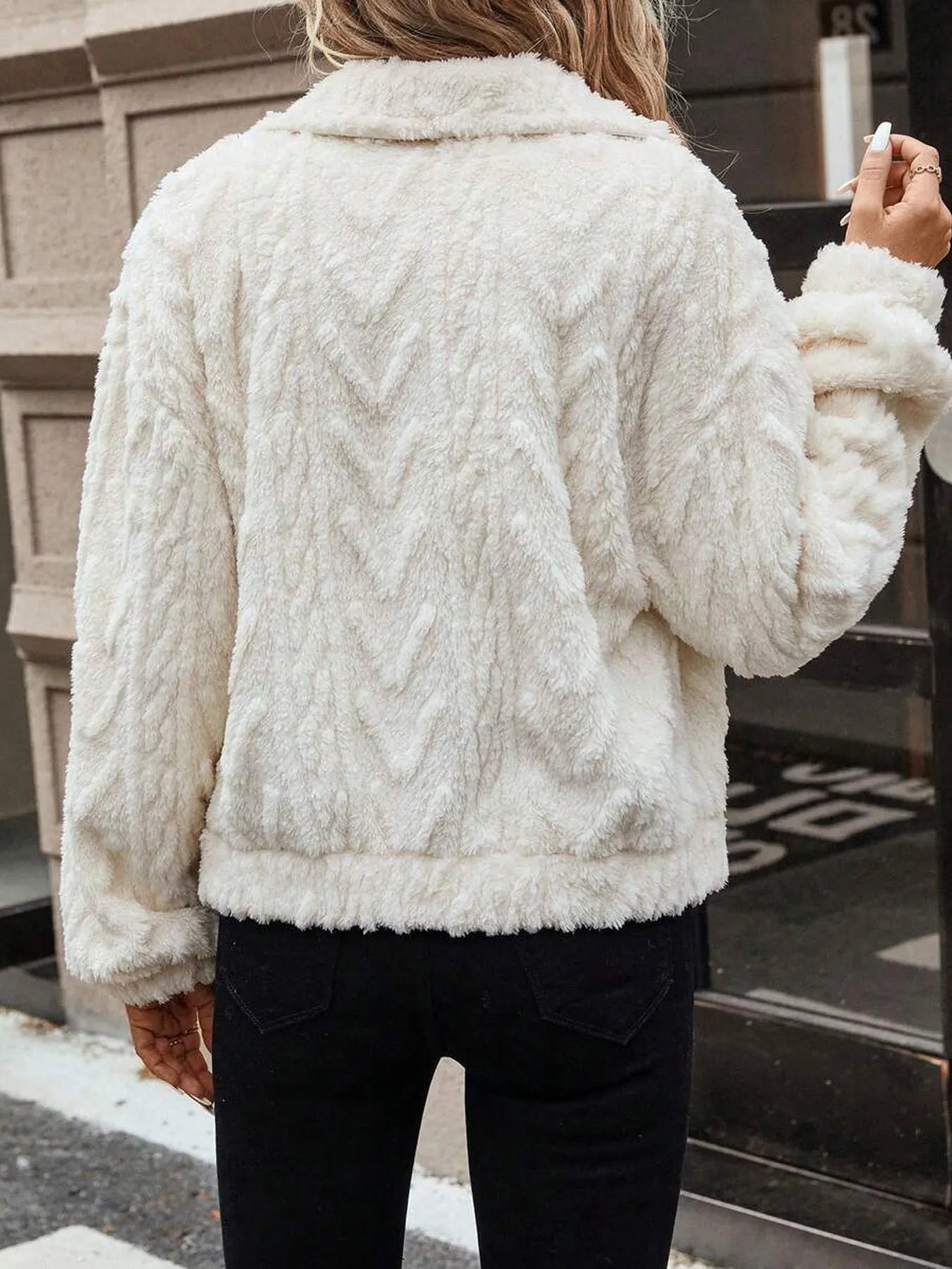 Women's ivory white double-sided plush button cardigan coat with long sleeves