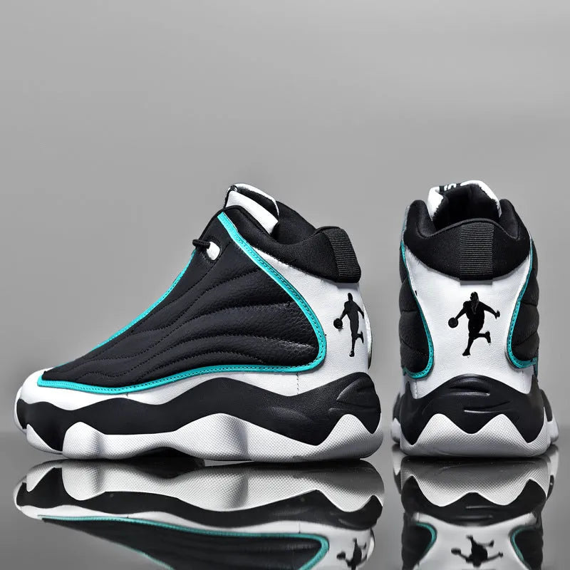 Men's high-top basketball shoes in AJ13 white red colour with mesh upper and rubber sole.