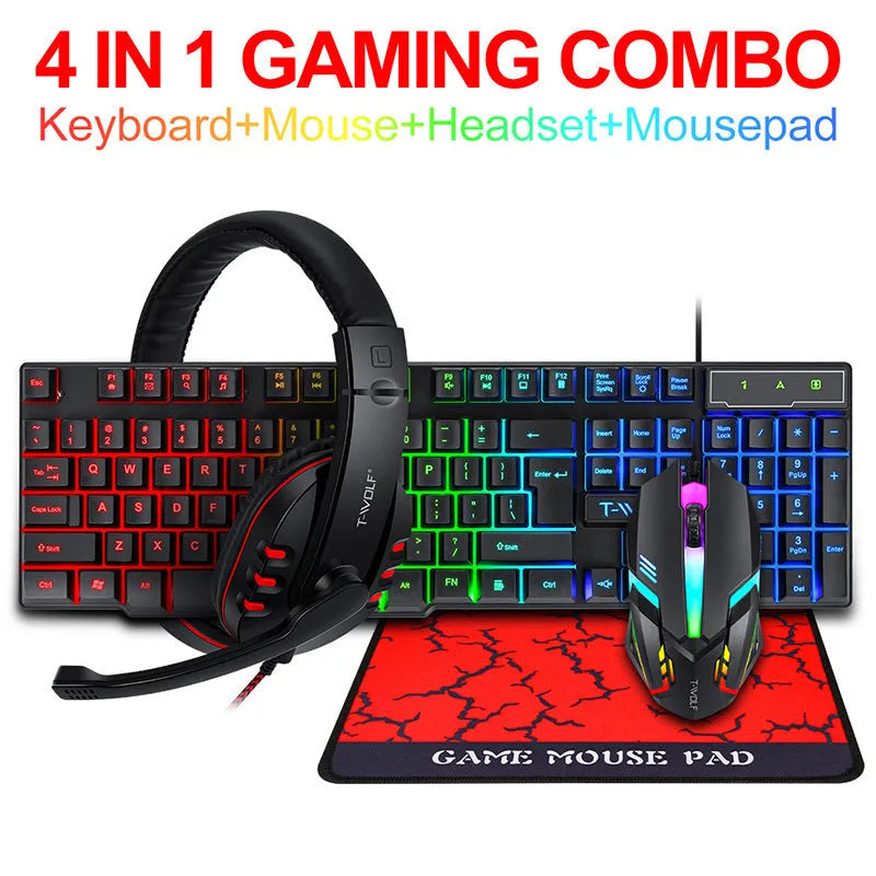 Thunder Wolf T800 wired USB gaming keyboard and mouse bundle set with headset and mouse mat on desk