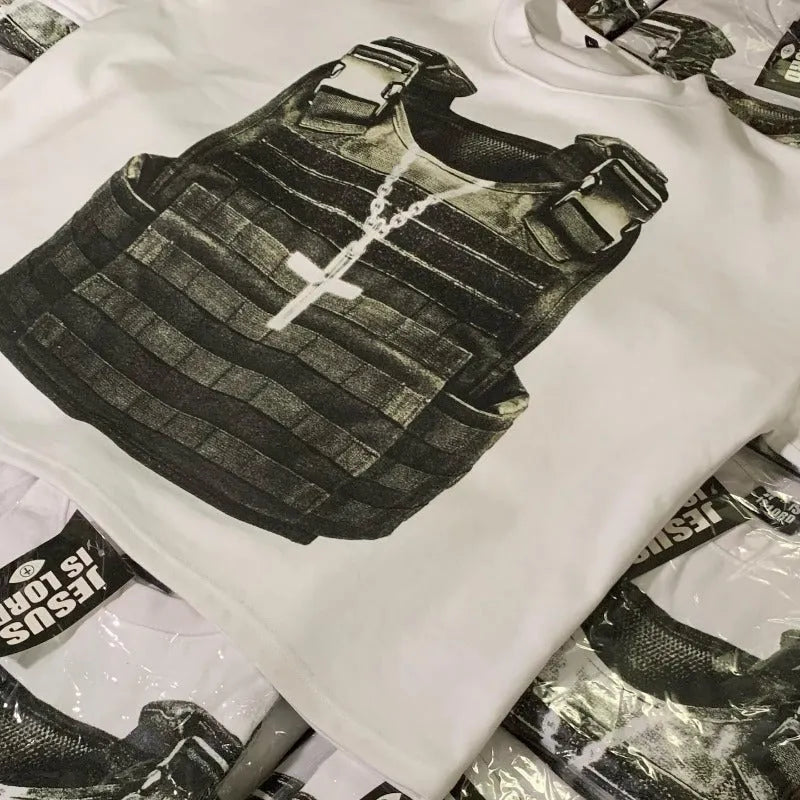 Printed cotton short sleeve retro street style t-shirt with drop-shoulder sleeves and contrast colour design