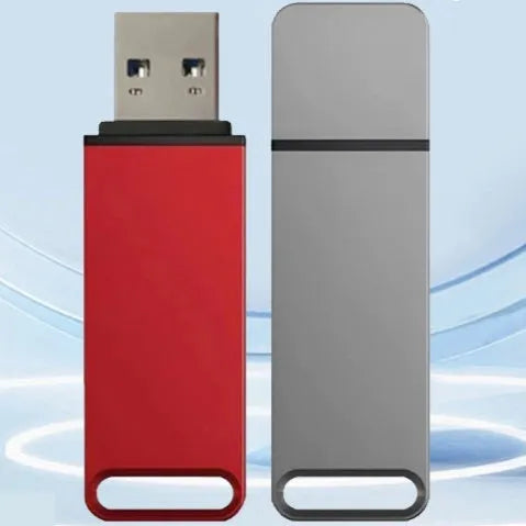Customisable metal USB flash drive in black, red, or silver colours showing high storage capacity options