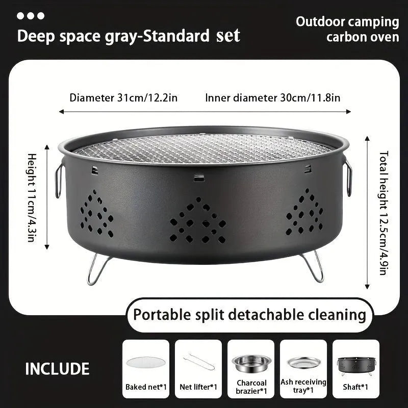 Portable stainless steel charcoal BBQ grill with detachable parts and a carry bag, shown in grey.