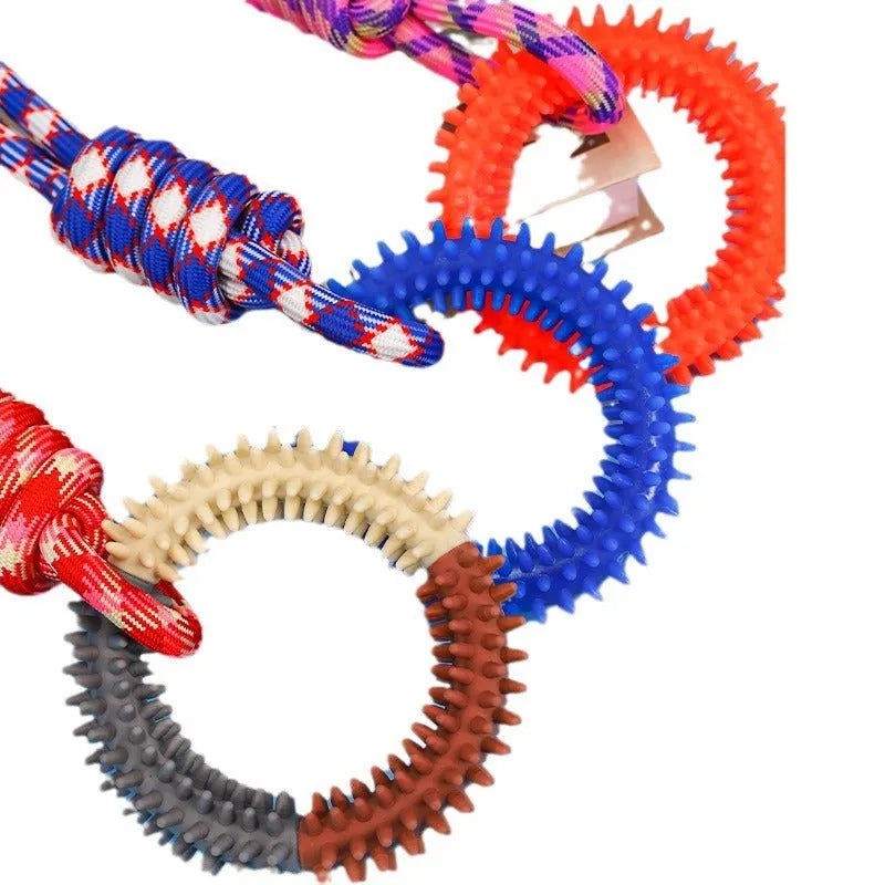 Blue braided rope dog toy with multiple knots, shown on a white background.