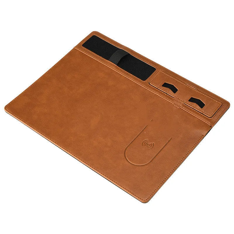 Wireless charging mouse pad with mobile phone holder in PU leather, 320mm x 260mm size