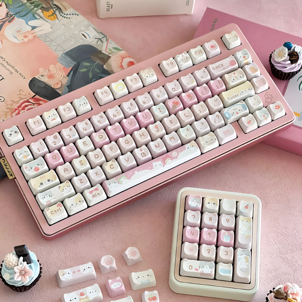 Meow Meow Team 141-key plastic key cap set with five-sided sublimation design for mechanical keyboards.