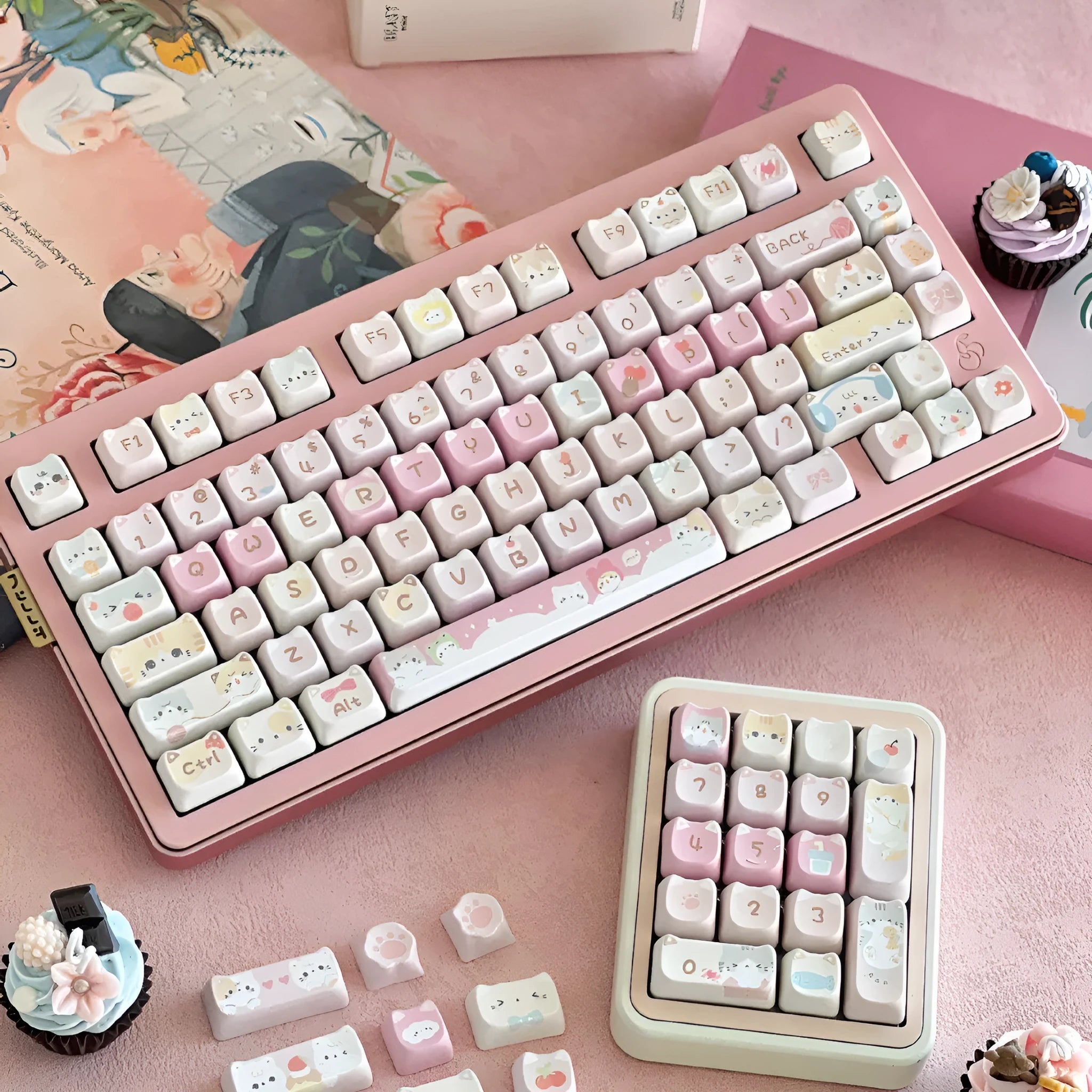 Meow Meow Team 141-key plastic key cap set with five-sided sublimation design for mechanical keyboards.