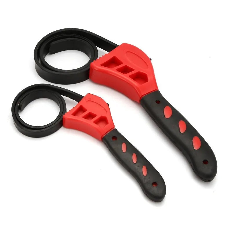 A 6-inch and an 8-inch adjustable rubber strap wrench with a plastic handle and phosphated metal parts.
