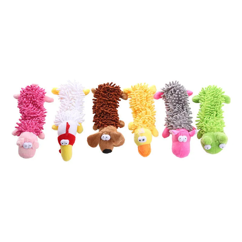 Soft plush microfiber dog chew toy in animal shapes including brown dog, yellow duck and pink pig