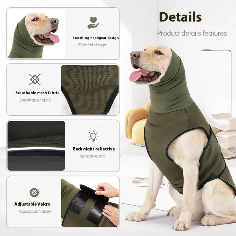 Dog wearing army green anti-anxiety jacket for stress relief during thunderstorms or travel