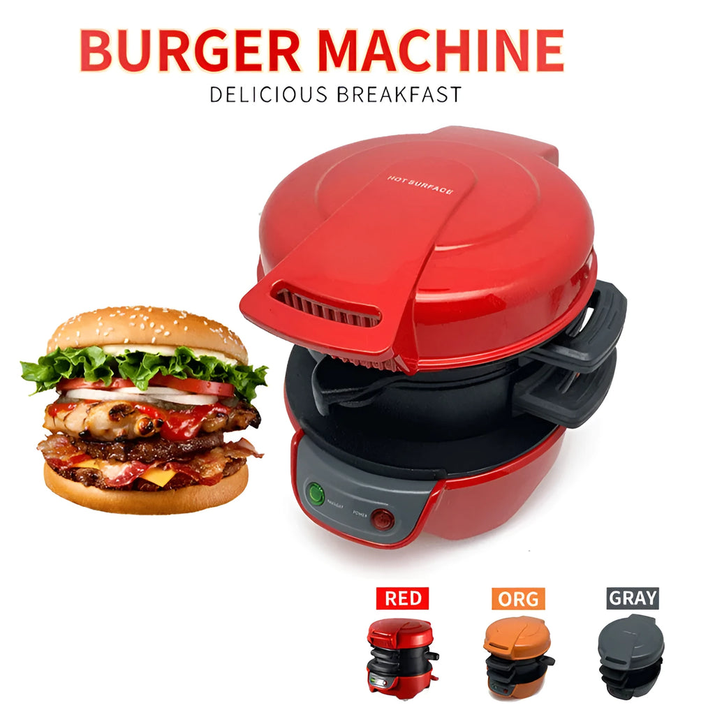 Household breakfast sandwich maker with egg cooker ring in bright red, orange or silver grey colour