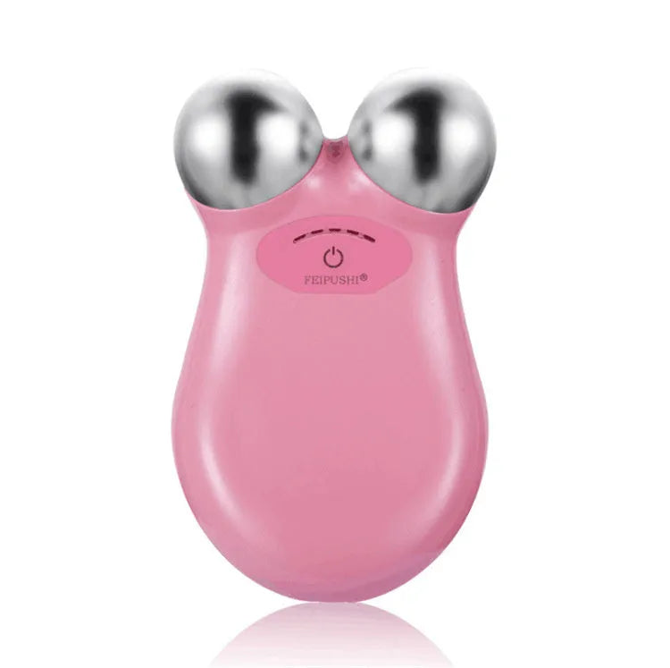 Pink micro current beauty instrument for facial lifting measuring 106mm x 65mm x 38mm