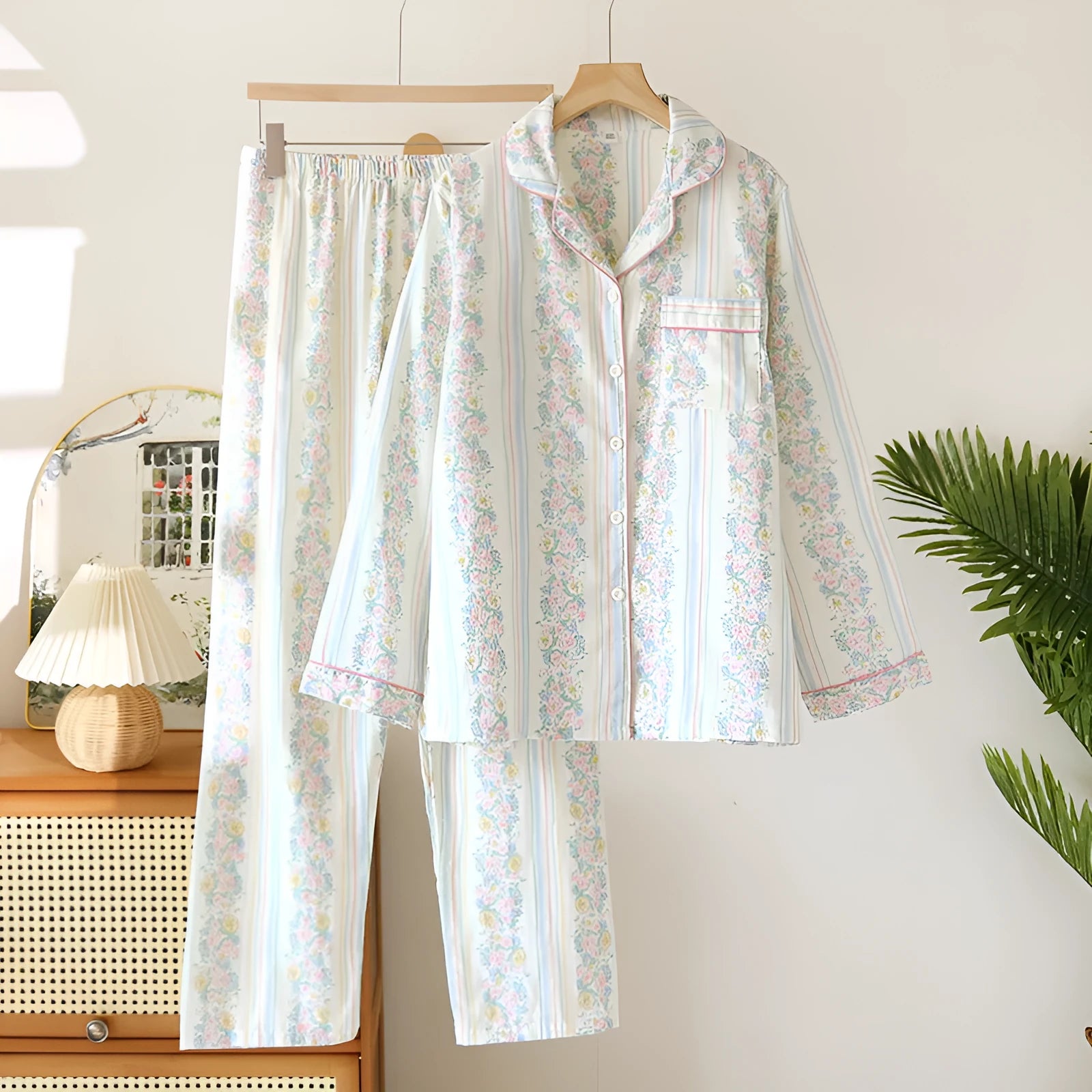 Women's cotton gauze lounge set with long sleeves and trousers in stripe or fruit print patterns