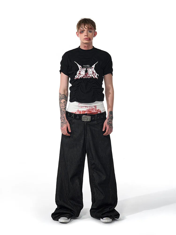 Black men's slim fit short sleeve t-shirt with printed design and round neck.
