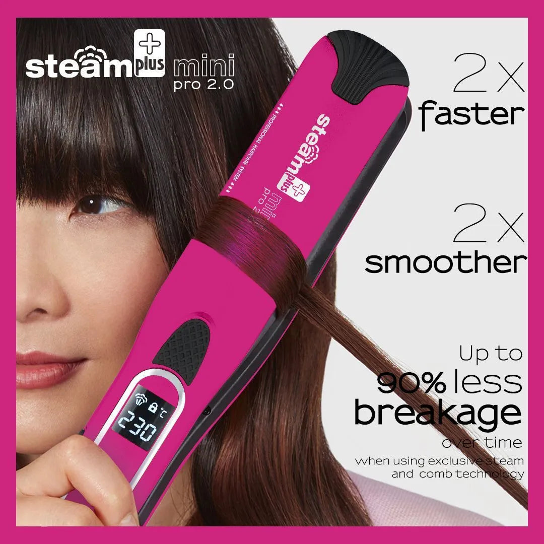 Mini steam hair straightener in champagne colour with steam vents and styling plates