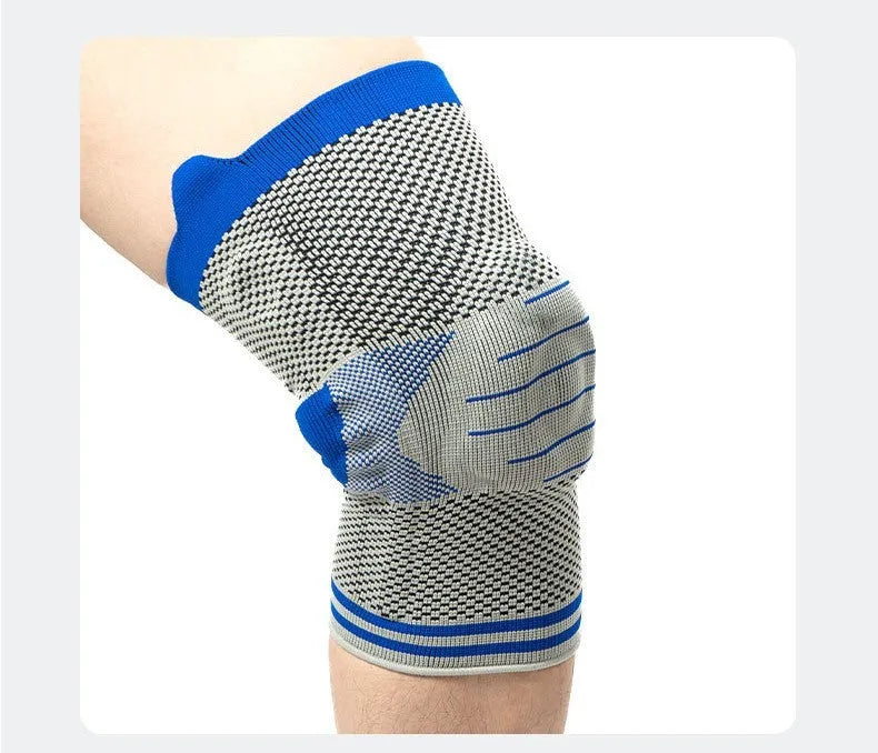 Cotton knee pad with silicone massage spring bar shock absorber in black and blue colour combination