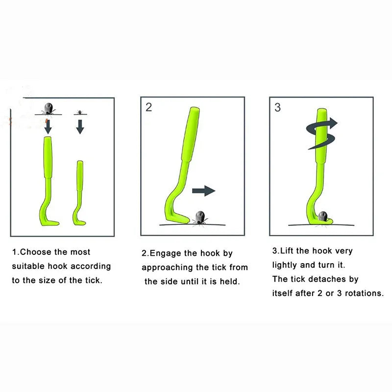 Three plastic tick removal clips for pets in blue and green on a white background.