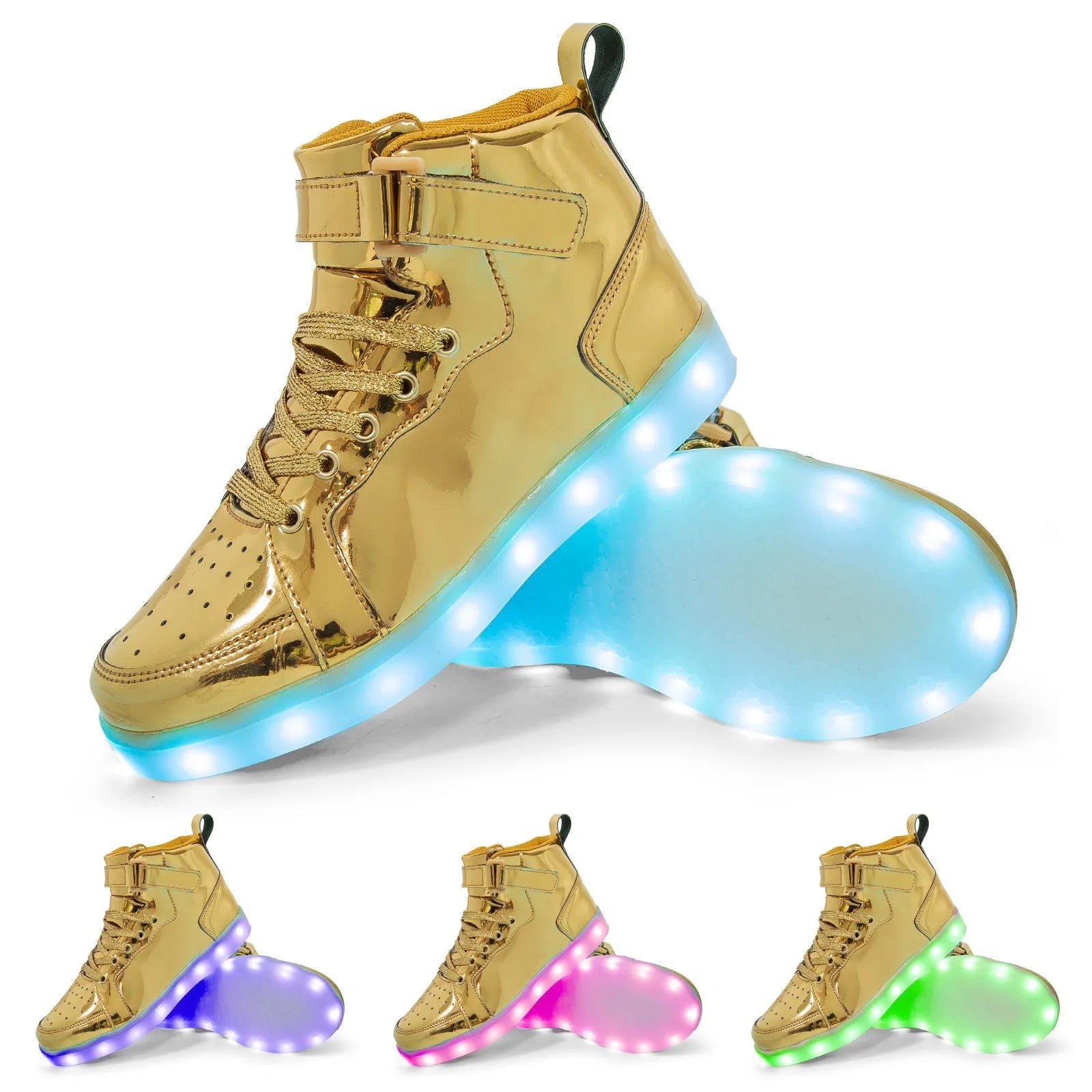 Rechargeable LED light-up high-top trainers in black with Velcro strap, glowing.