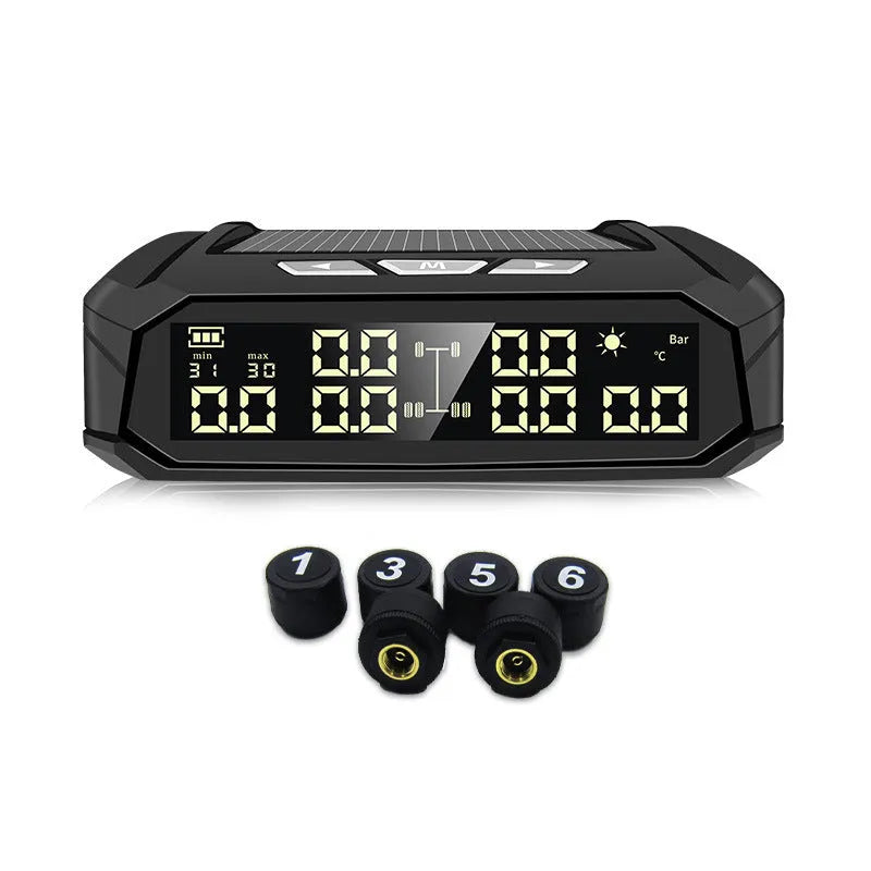 Solar tyre pressure monitor with colour LCD screen and six external sensors for RV and truck use
