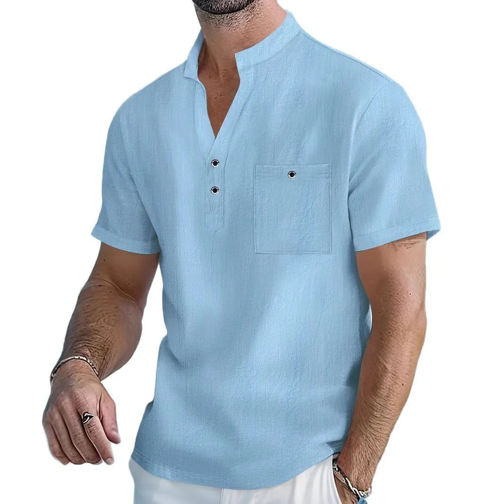 Men's linen blend stand collar T-shirt in light blue with short sleeves and loose fit
