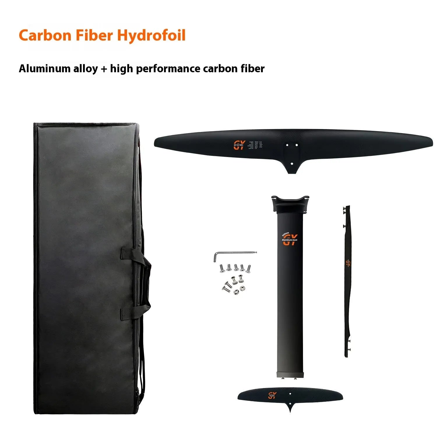 Black racing surfboard hydrofoil with carbon fibre and aluminium alloy construction