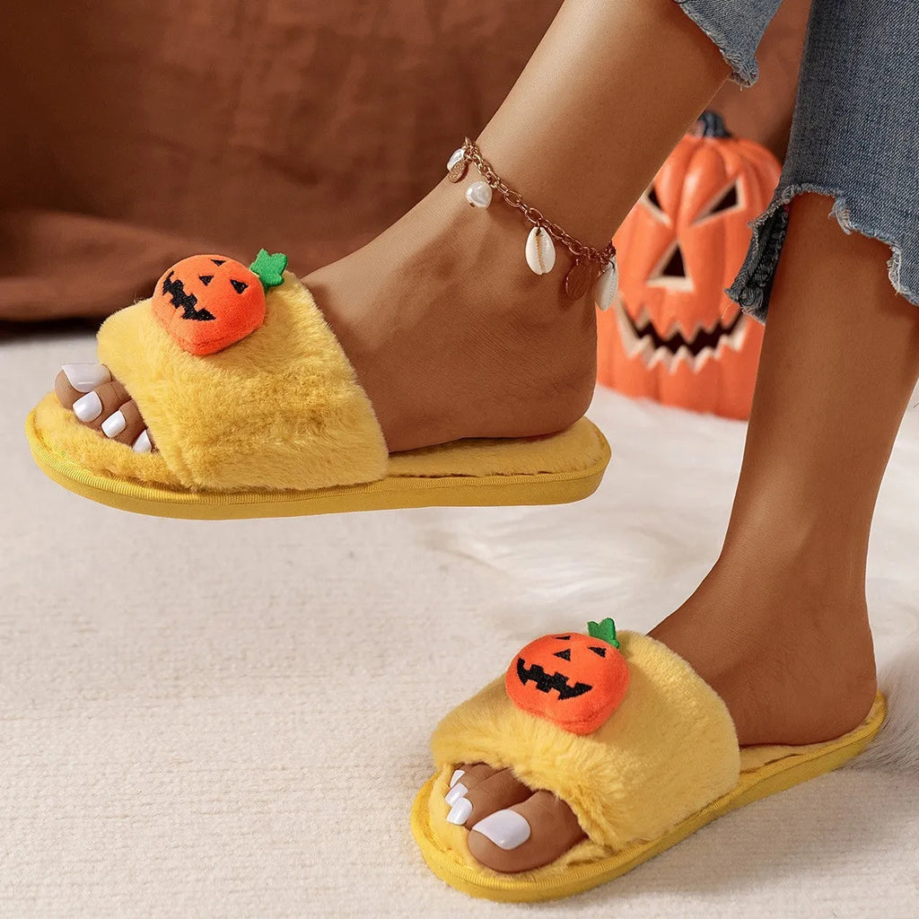Halloween pumpkin plush open toe slippers in yellow with synthetic fur upper and PVC sole
