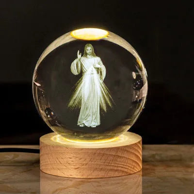 White crystal desk lamp with solid wood warm light base showing religious purity symbols