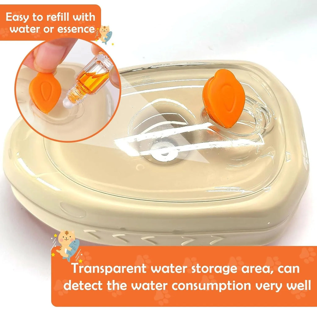 Yellow 4-in-1 cat steam brush with silicone teeth, water tank, USB port, and UV ringworm detection lamp.
