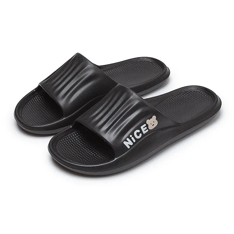 Cartoon pattern EVA flip flop slippers for adults on a plain background, showing non-slip sole and colour options.