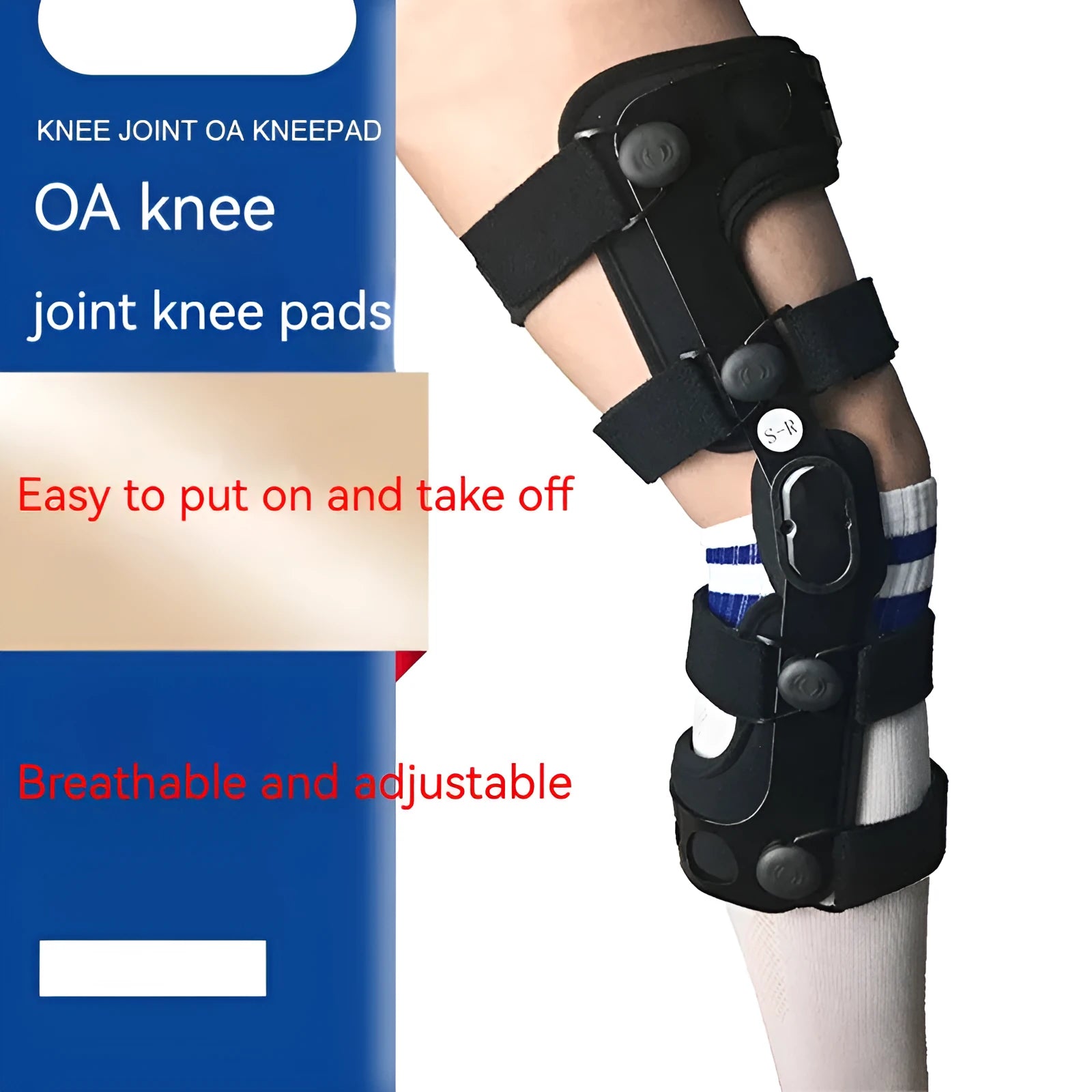 Black anterior ligament knee pad with metal hinge brace, showing left and right leg sizes.