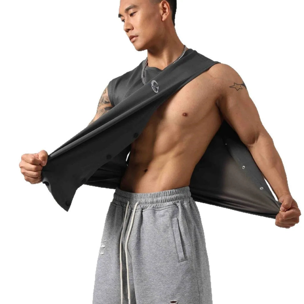 Korean style men's loose cotton fitness vest with hidden hook fastening on both sides