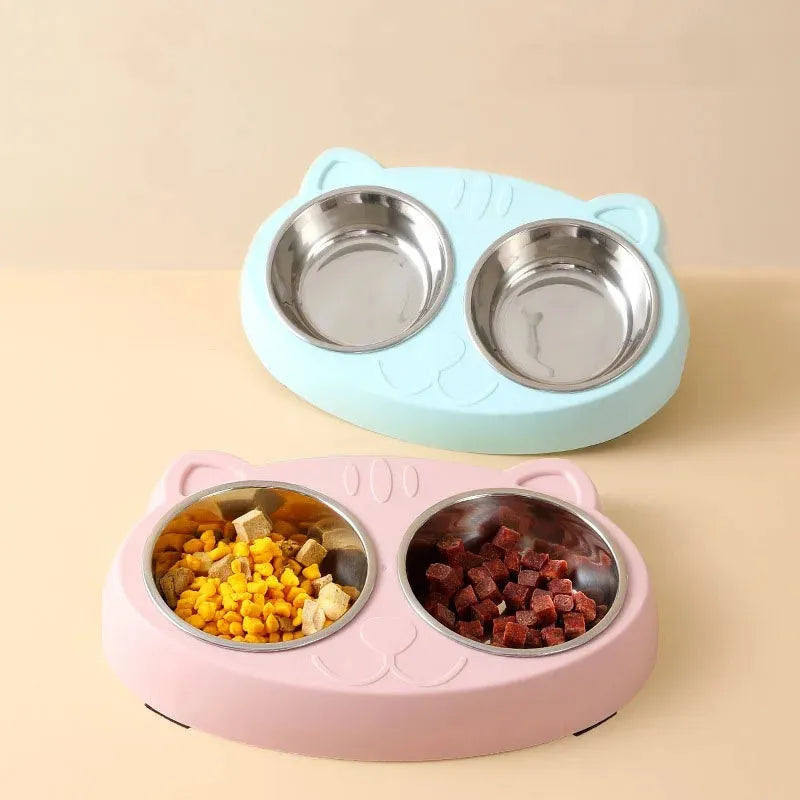Blue plastic dual-bowl pet food and water feeder tray for cats and dogs