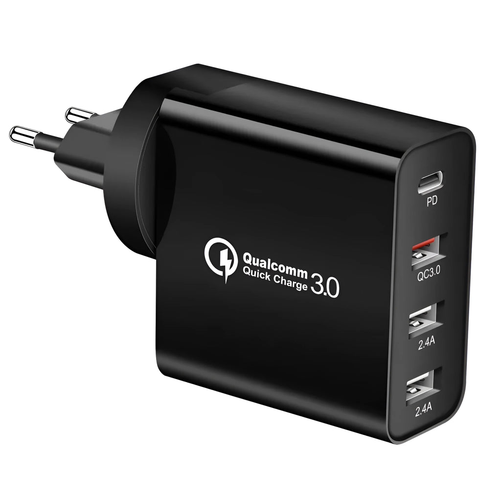 Multi-port mobile phone fast charger with PD and QC technology in black ABS plastic housing