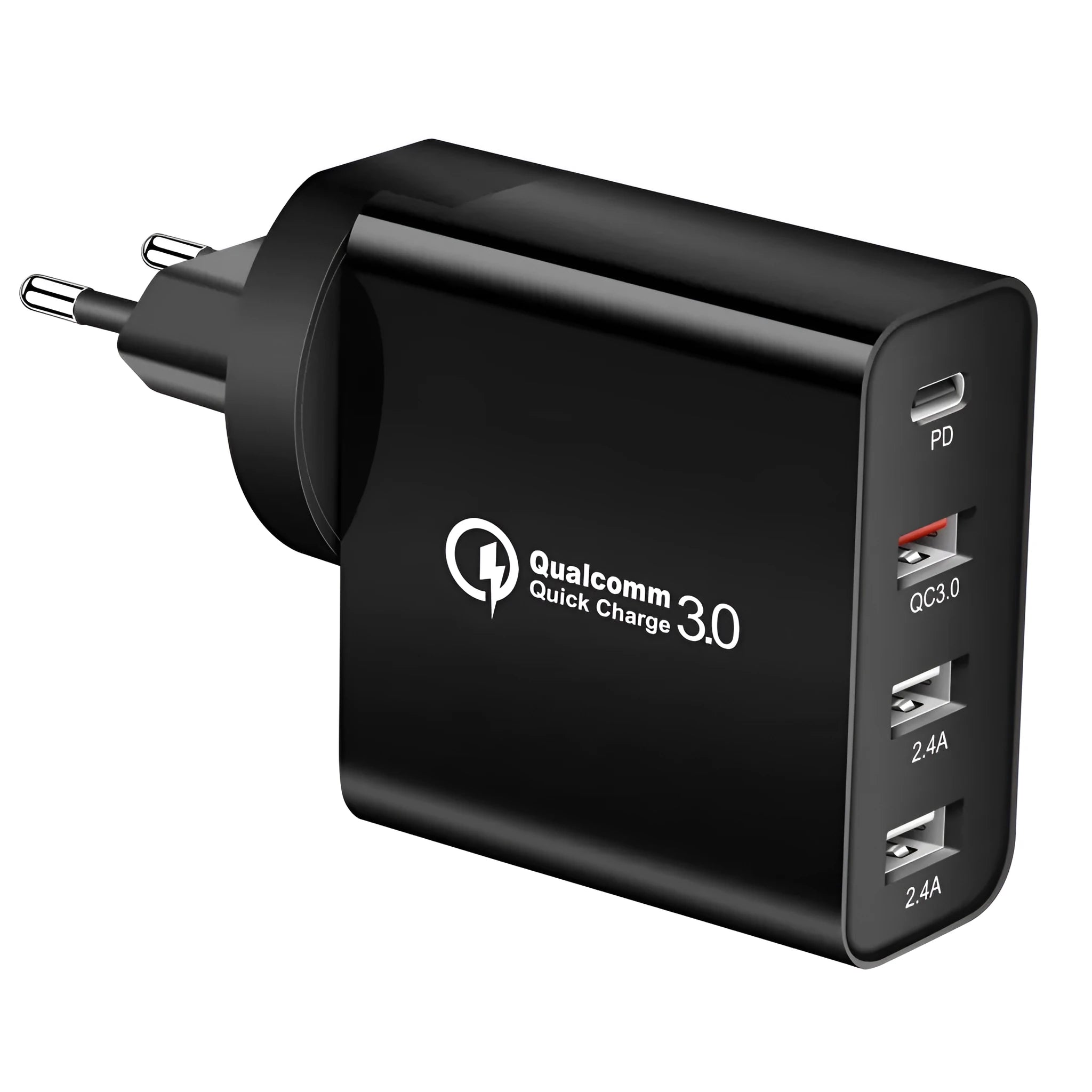 Multi-port mobile phone fast charger with PD and QC technology in black ABS plastic housing