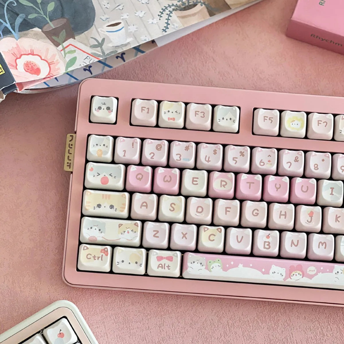 Meow Meow Team 141-key plastic key cap set with five-sided sublimation design for mechanical keyboards.
