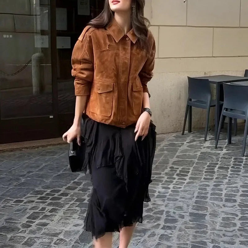 Women's street chic coat in suede-look polyester fabric showing regular sleeves and brown colour options