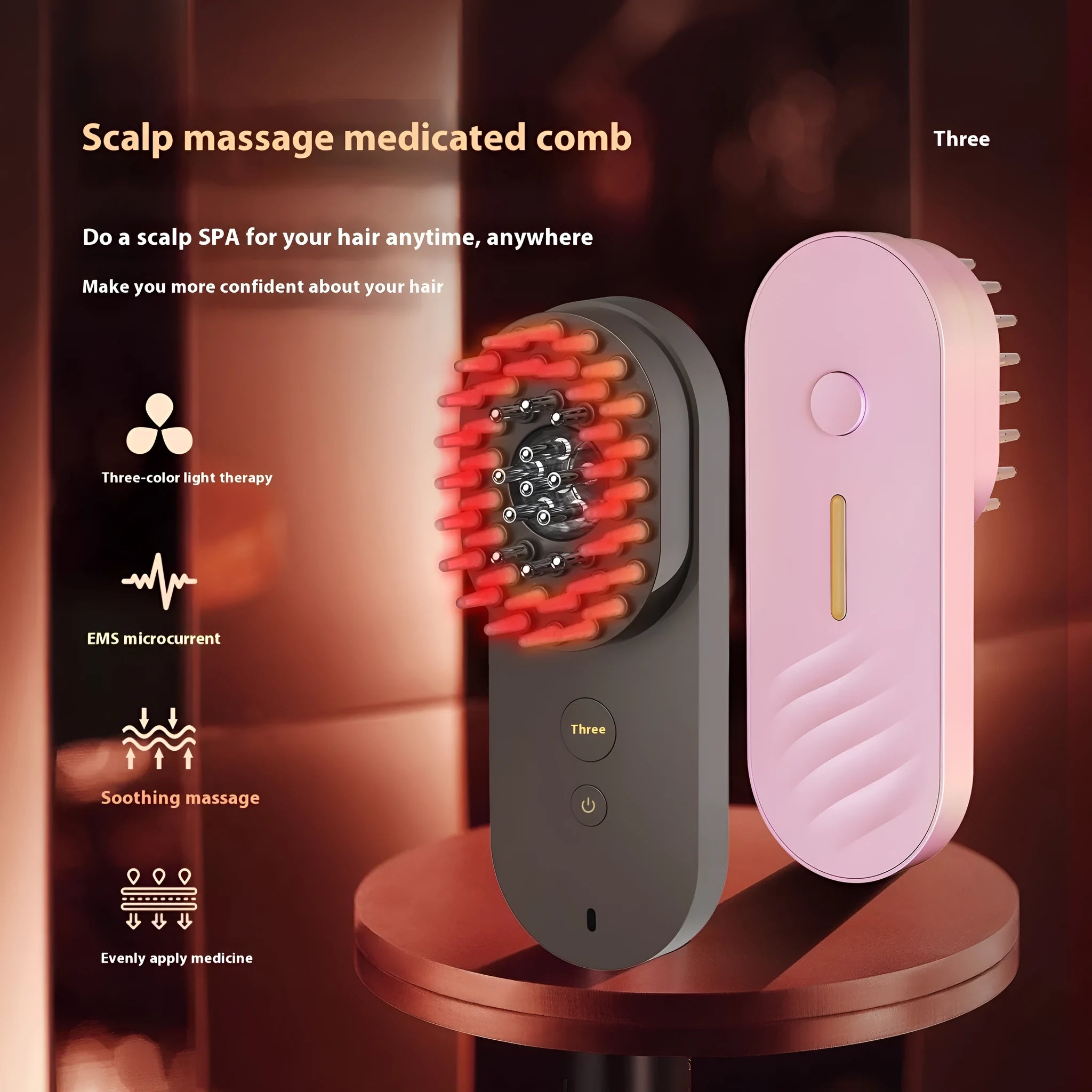 Pink and black smart massage comb with red light therapy for hair care under 10cm