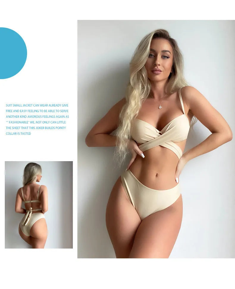 Three-piece backless push up bikini set in solid colour with matching skirt