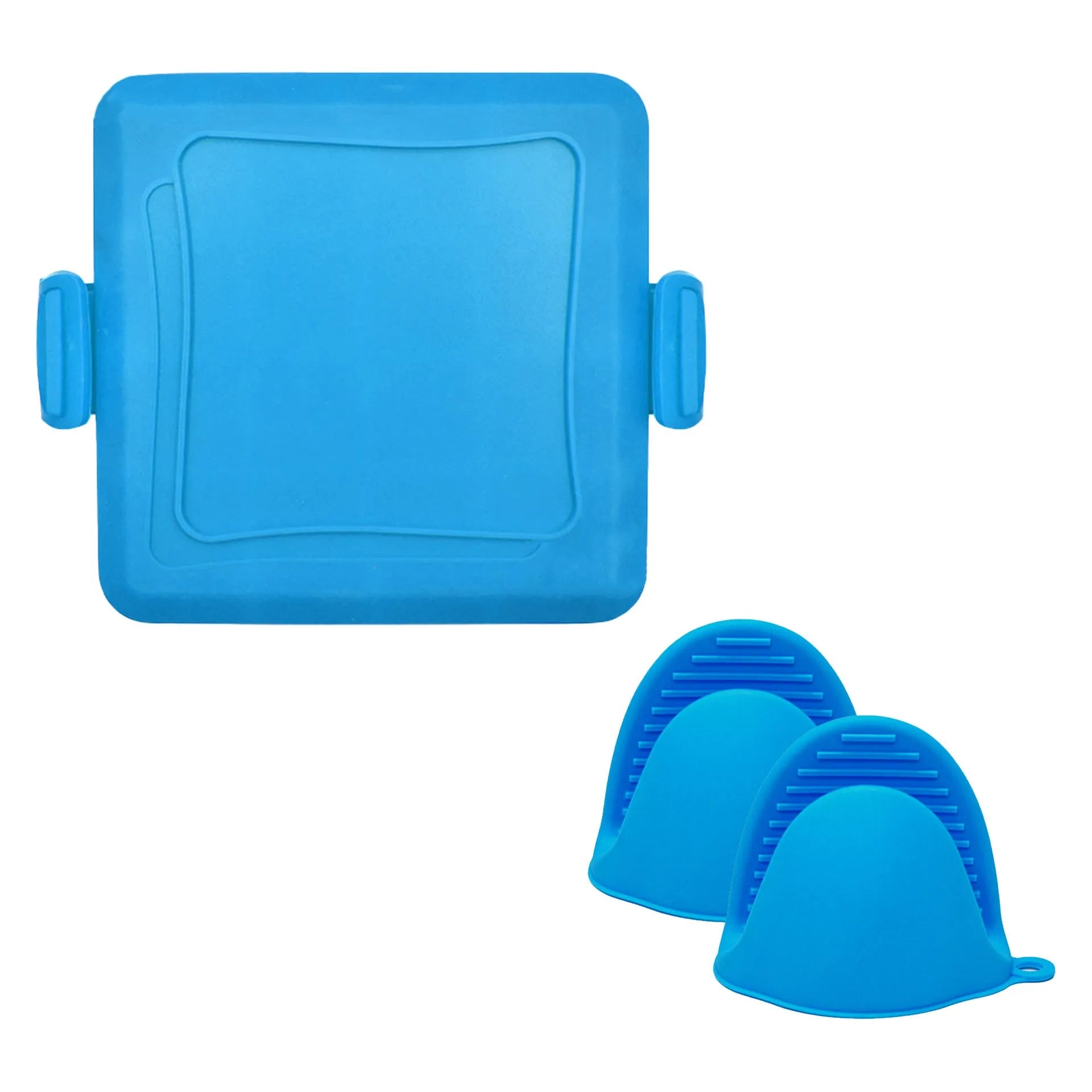 Red silicone baking tray with matching silicone gloves for oven safety