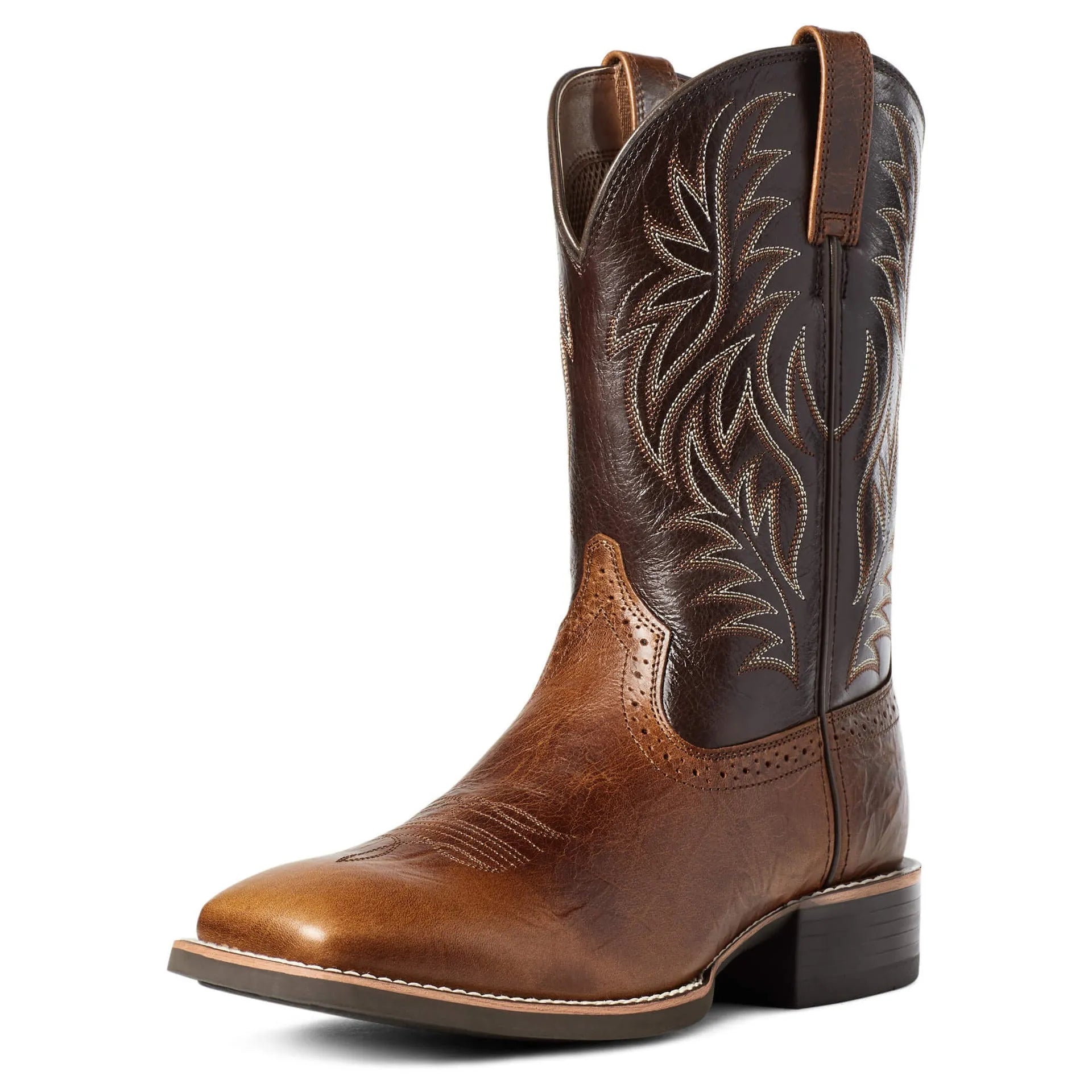 Men's brown cowboy boots with detailed embroidery on the high shaft and a square toe.