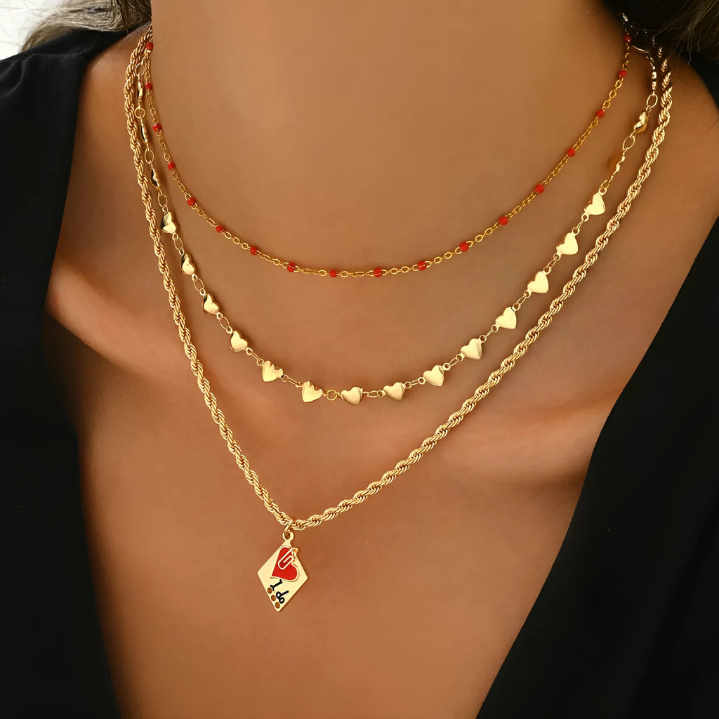 Three-layer geometric heart design clavicle chain necklace with adjustable length