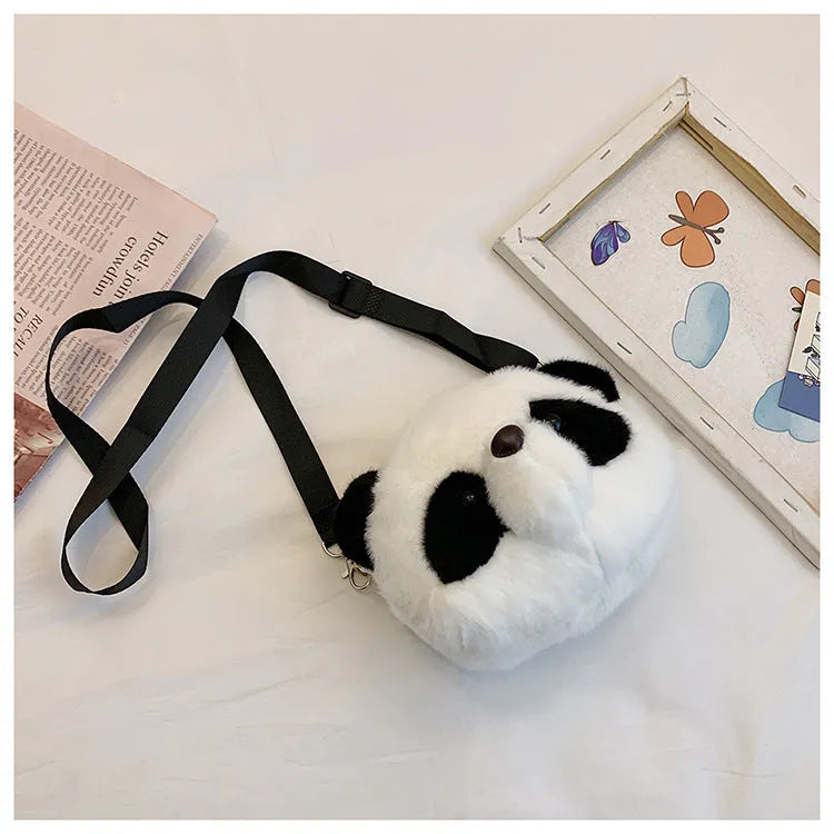Soft plush crossbody shoulder bag with panda head design, cylindrical shape measuring 18cm