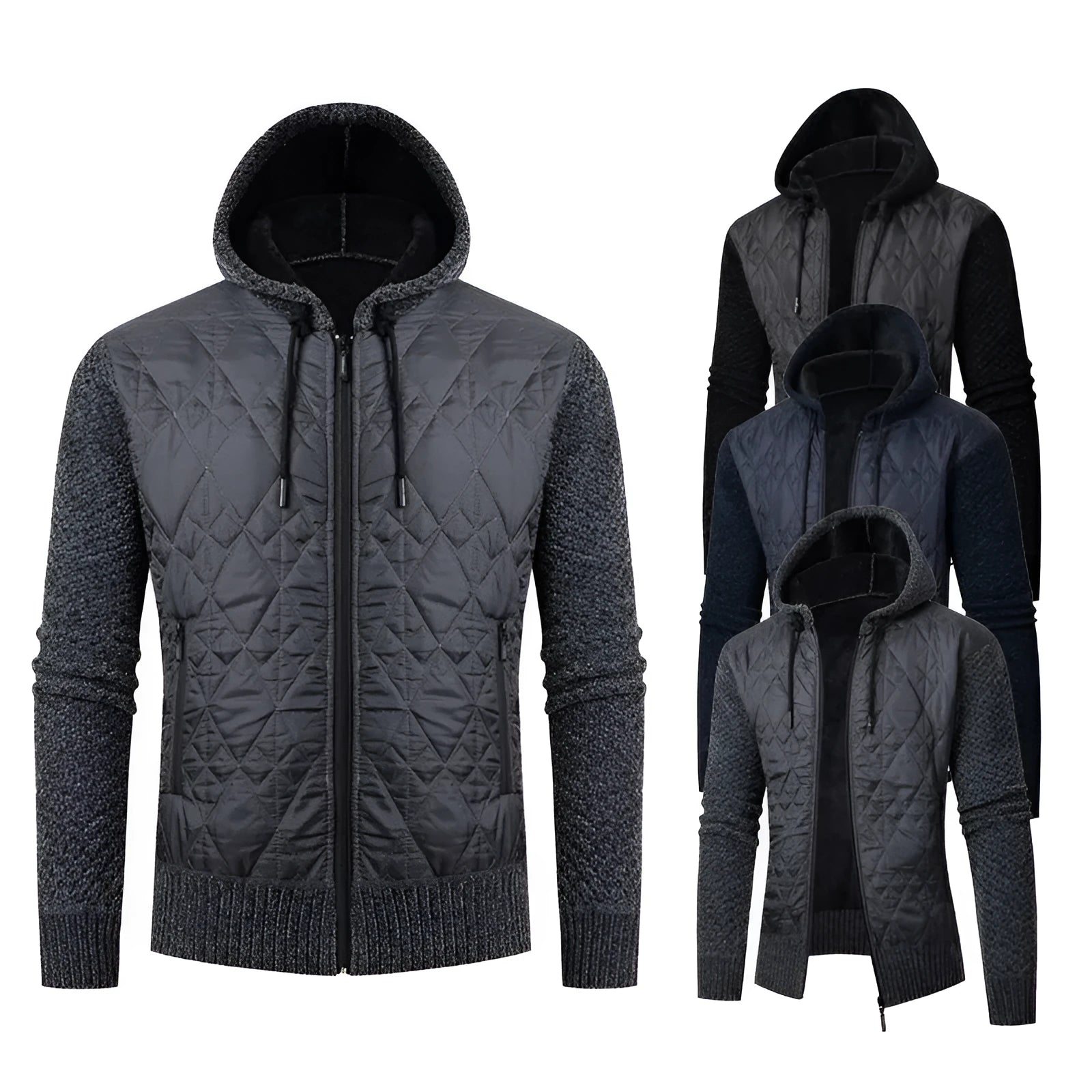 A grey men's hooded corduroy sweater coat with a cinched waist, shown on a hanger.