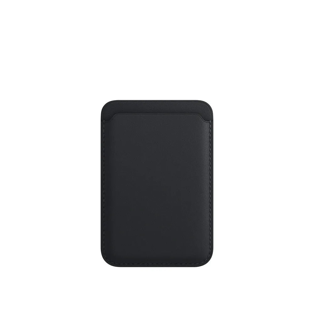 Black PU leather iPhone case with magnetic card holder for MagSafe, shown alongside other colour options.