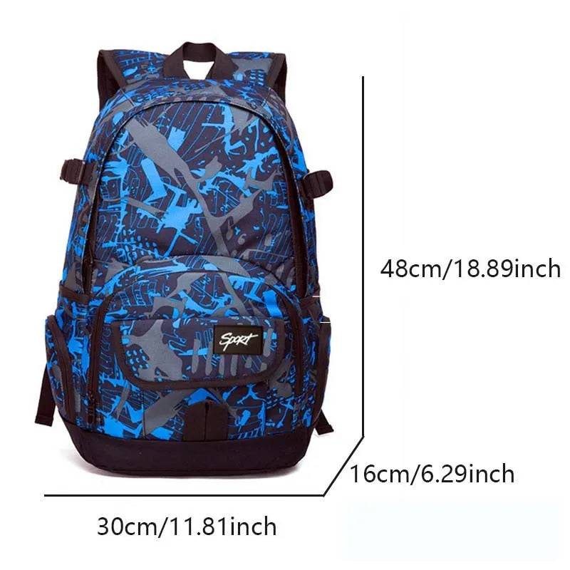 Blue and red classic nylon backpack showing large main compartment for school or travel.
