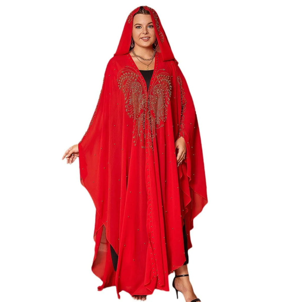 Purple Muslim style chiffon shawl with rhinestone beading, draped to show length
