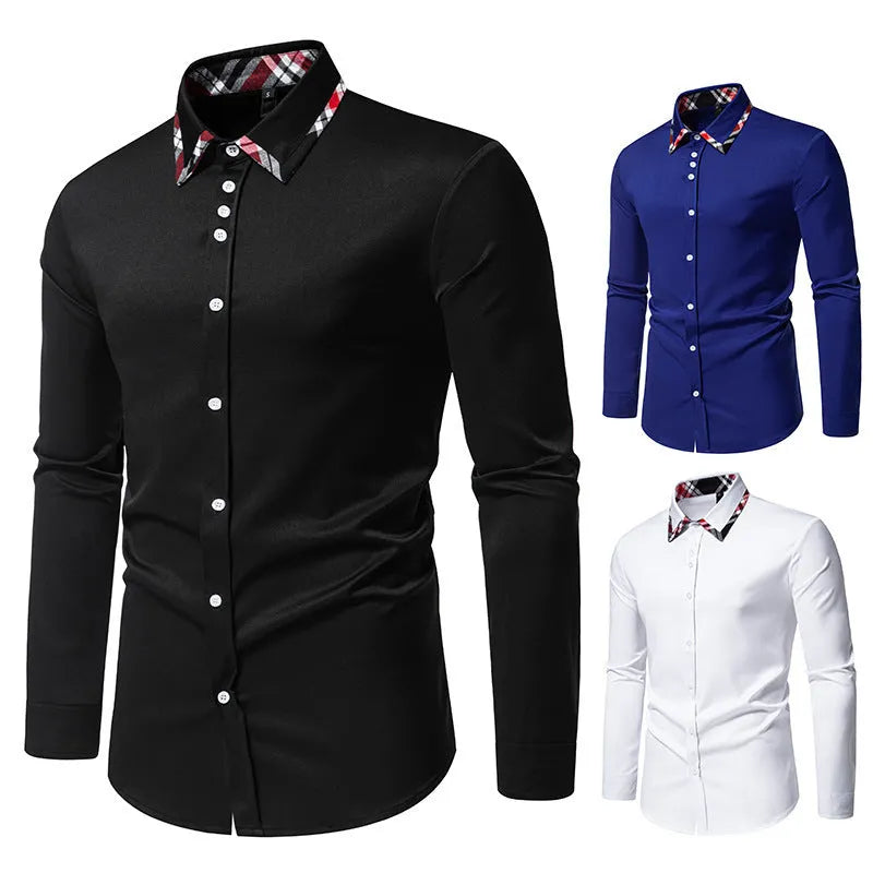 Men's plaid shirt with triangle collar and contrast colour panels in polyester blend fabric