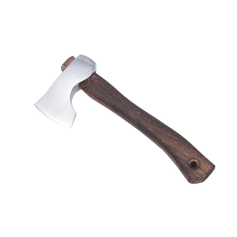 Camping axe with high carbon steel head and wooden handle showing dimensions